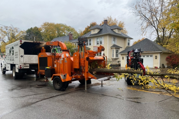 A chipper loaded with a tree trunk with chips collected to a truck in Mishawaka, IN.